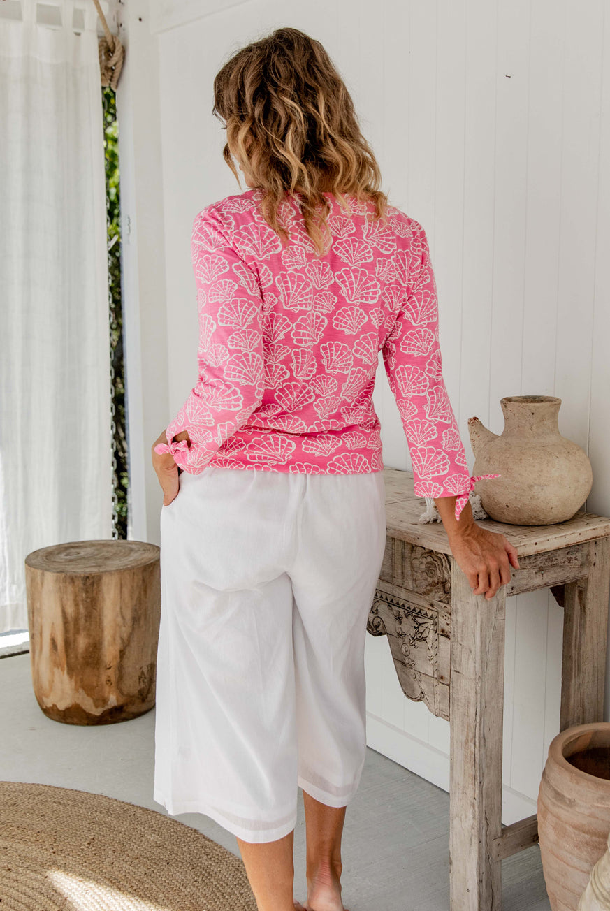 Fan Shell Long Tie Sleeve Cotton Top