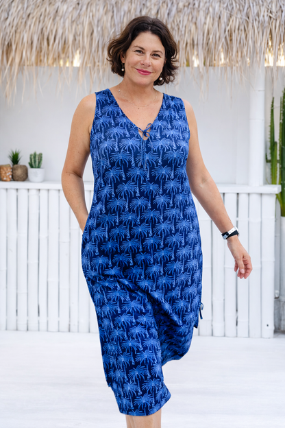 Wood Block Palm Tree Cotton Maxi Dress