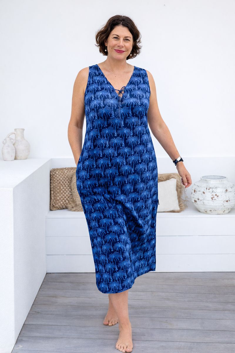 Wood Block Palm Tree Cotton Maxi Dress