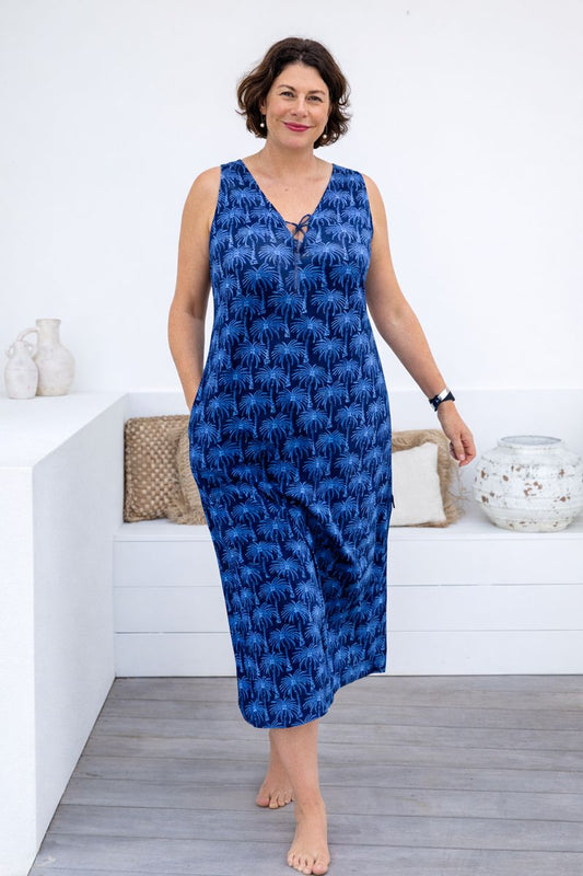 Wood Block Palm Tree Cotton Maxi Dress