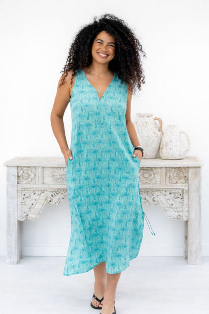 Wood Block Palm Tree Cotton Maxi Dress