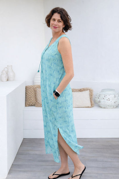 Wood Block Palm Tree Cotton Maxi Dress