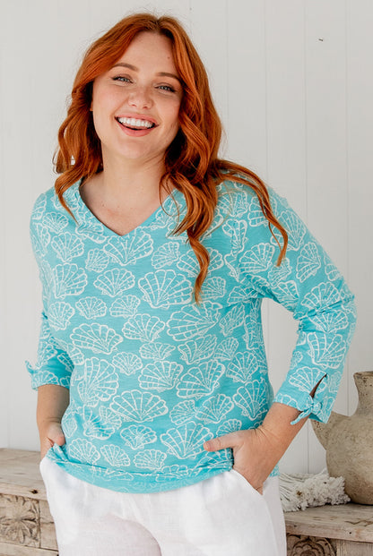Fan Shell Long Tie Sleeve Cotton Top