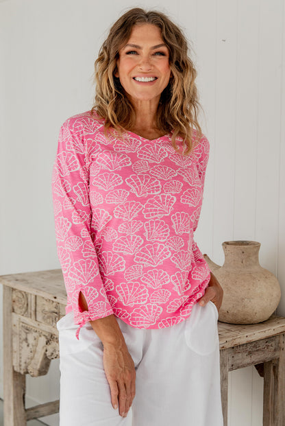 Fan Shell Long Tie Sleeve Cotton Top